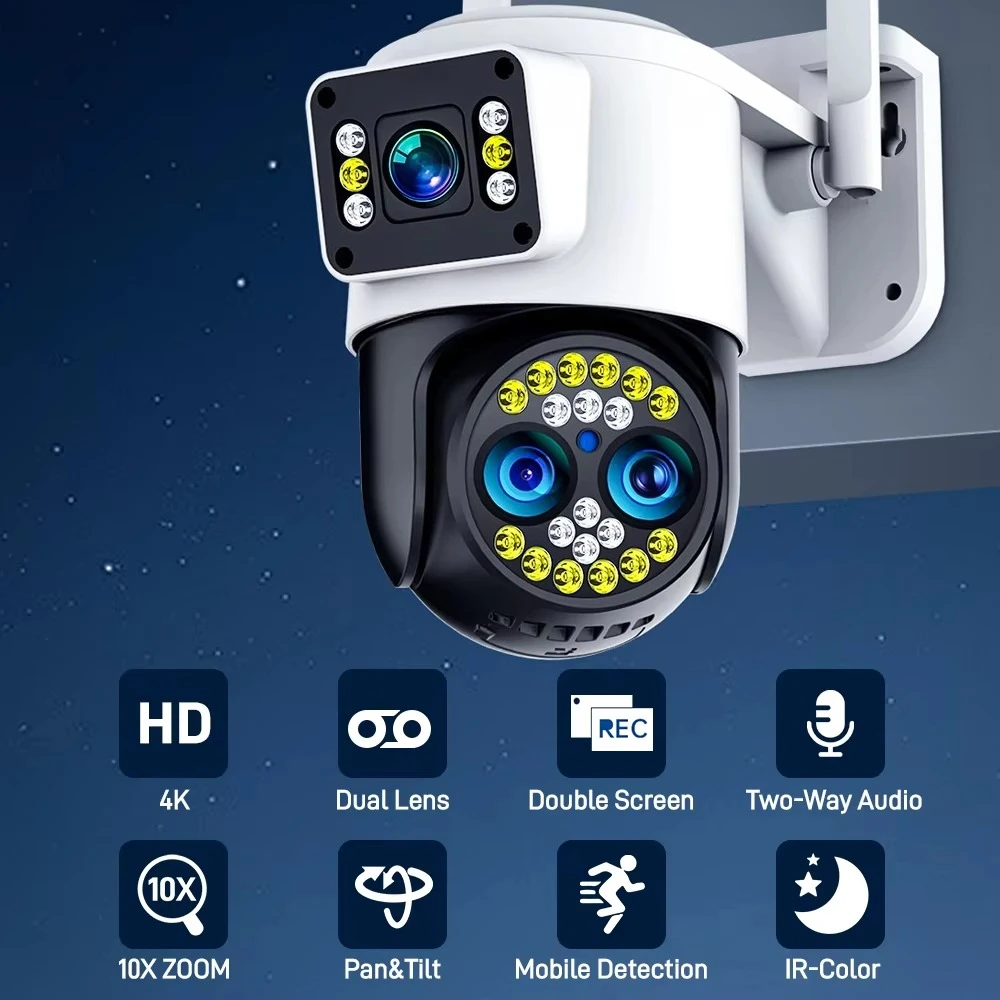 8MP 10X Zoom WiFi Security Camera Outdoor, 3 Lens 2 Screen Two-Way Audio,Motion Detection Wireless Security IP Camera
