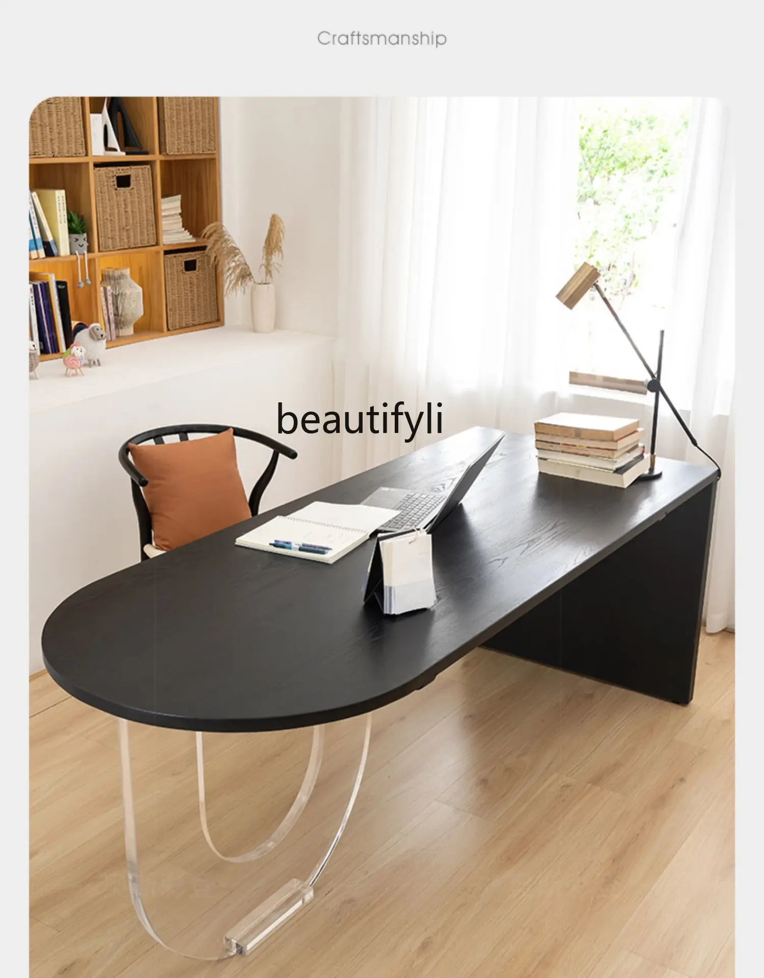 Boss Office Black Desk Acrylic Office Tea Table Oval Creative Solid Wood Desk Workbench