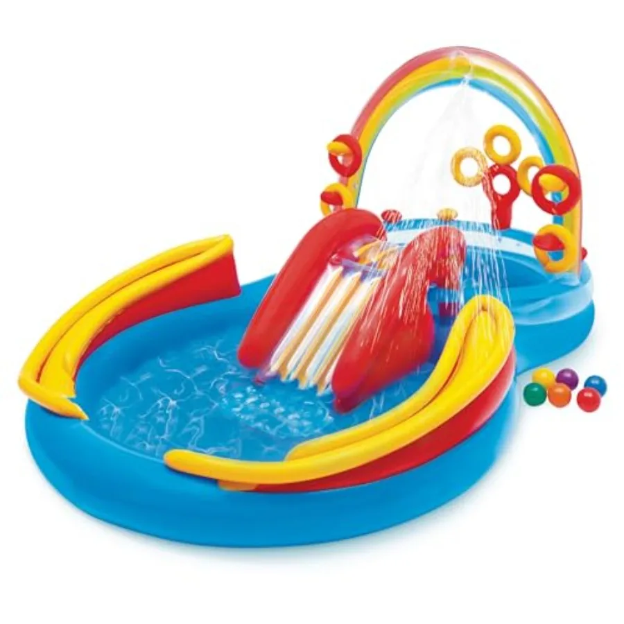 ' inflatable pool with water slide and ring toss for ages 2+, multicolor rainbow design, PVC material, 9.75 ft x 6.3 ft x 53 in