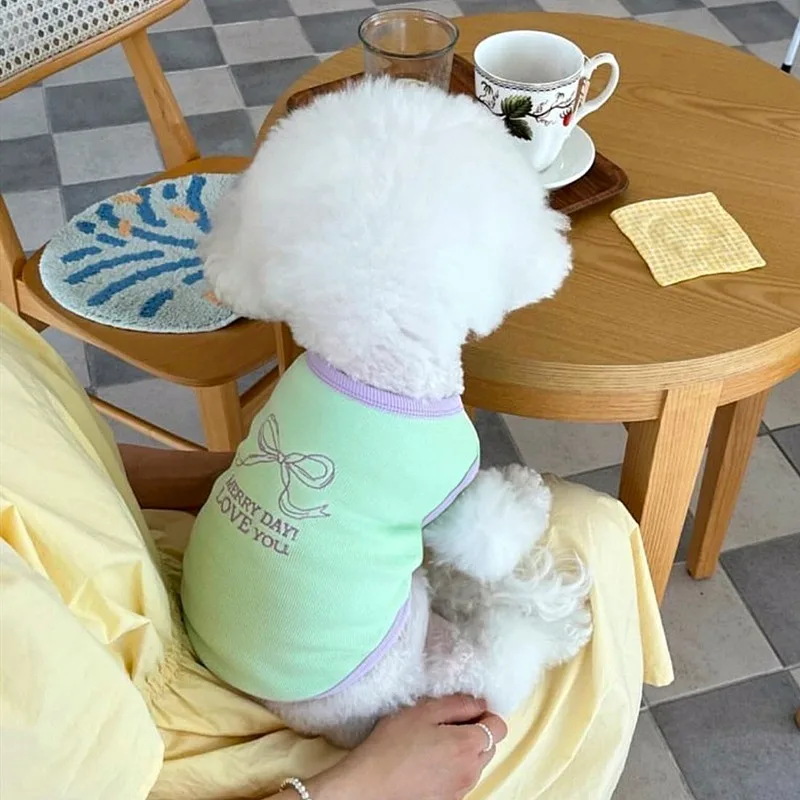 

Alphabet Embroidered Pet Vest Bowknot Pattern Dog Clothes Summer Teddy Soft Pullover Bichon Frise Casual T-Shirt