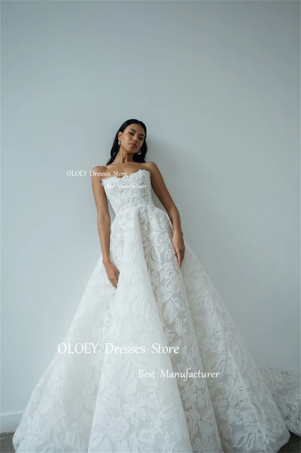 Oloey Elegante Strapless Kant Trouwjurken Mouwloze Bruid Jurken A-Line Knoop Rug 2024 Vestidos De Novia Op Maat Gemaakt