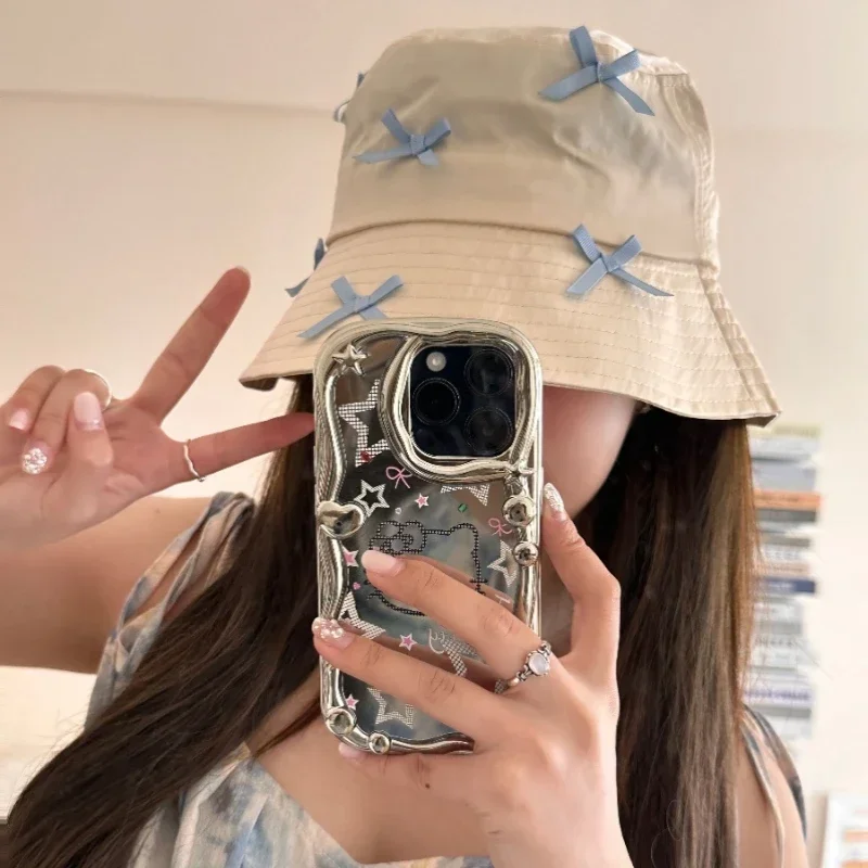 Sombrero de cubo con lazo Y2k japonés para mujer, gorro de ala ancha para playa, ropa de calle Bob, color Beige, blanco y negro, 2024