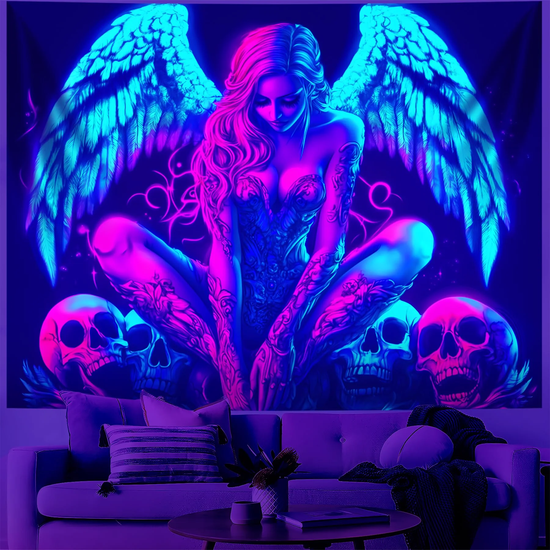 VIKAMA Cyberpunk Angel Skull Tapestry Psychedelic Art Bedroom Gaming Room Bar Hanging Cloth Home Decor