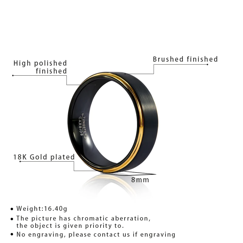 Black 8MM Tungsten Carbide Rings For Women Men Couple Wedding Ring Gold Color Edge Band Boy Dad Son Size 6-14