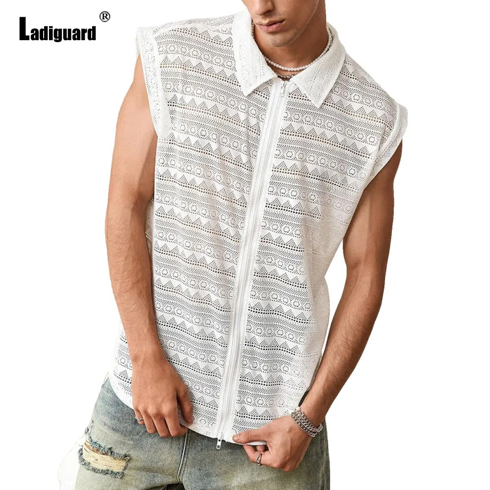 

Ladiguard 2025 Europe Style Fashion Zipper Tank Tops Solid White Hollow Out Shirt Men Sleeveless Casual Notched Tops Beachwear