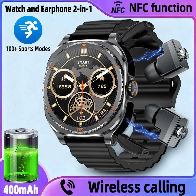 

Original LIGE New Smart Watch 2-in-1 Earphones NFC Waterproof 100+ Sports Mode 400mAh Battery smart watches for men Android IOS