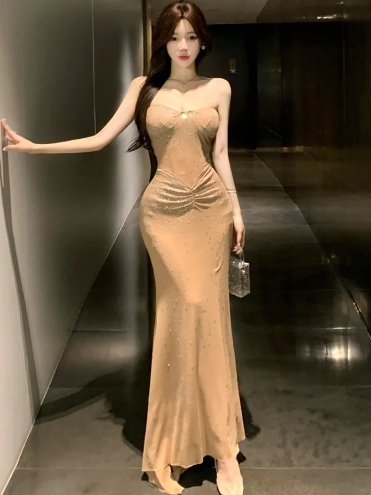 Femmes solide paillettes Chic poitrine enveloppement Sexy robe Maxi été élégant moulante robe de soirée 2025 coréen Vintage luxe robes