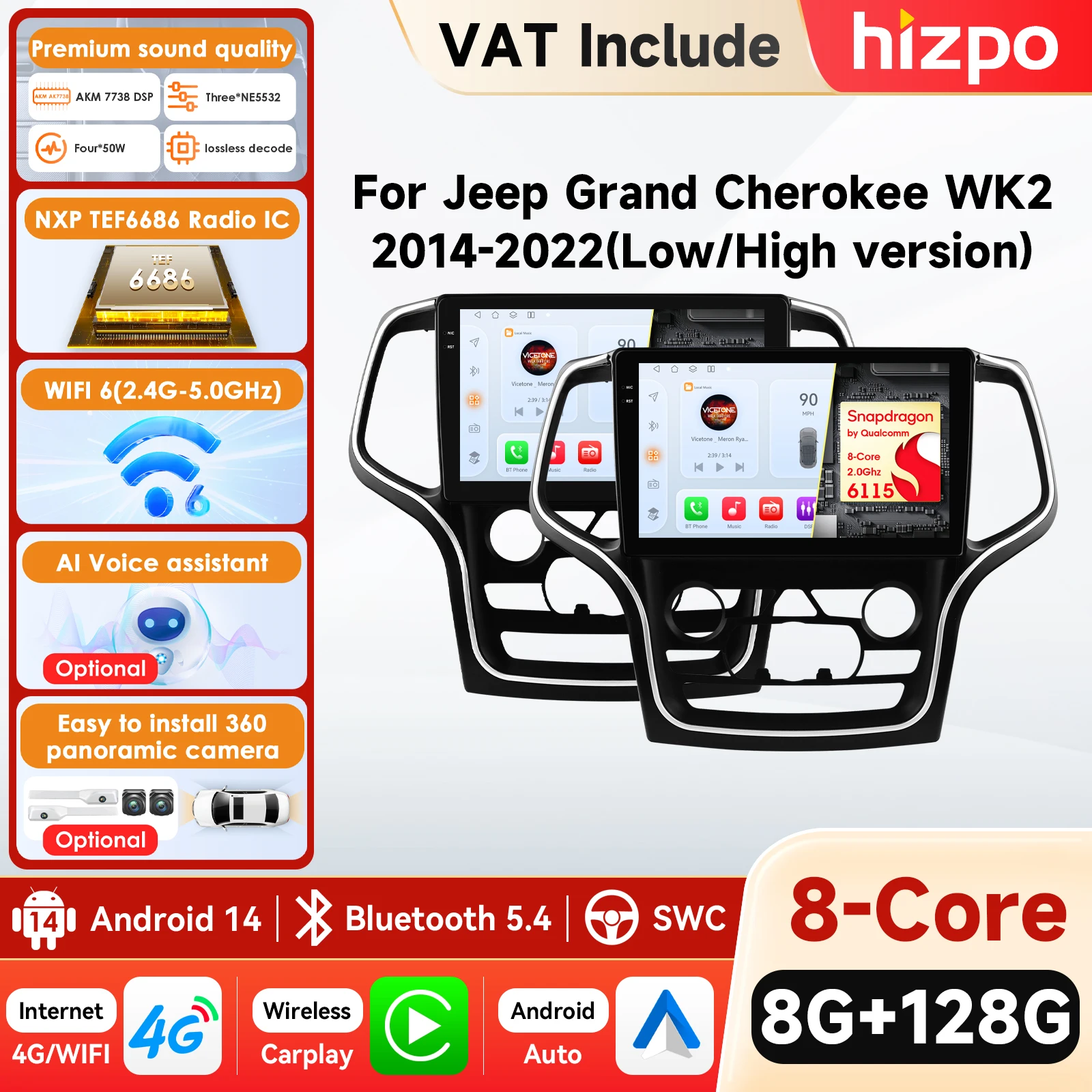 Reproductor Multimedia con Navegación GPS para Automóvil, Android 8+128GB, 10.1 Pulgadas, para JEEP Grand Cherokee 2014-2022, Radio, Unidad Principal, Carplay, 4G