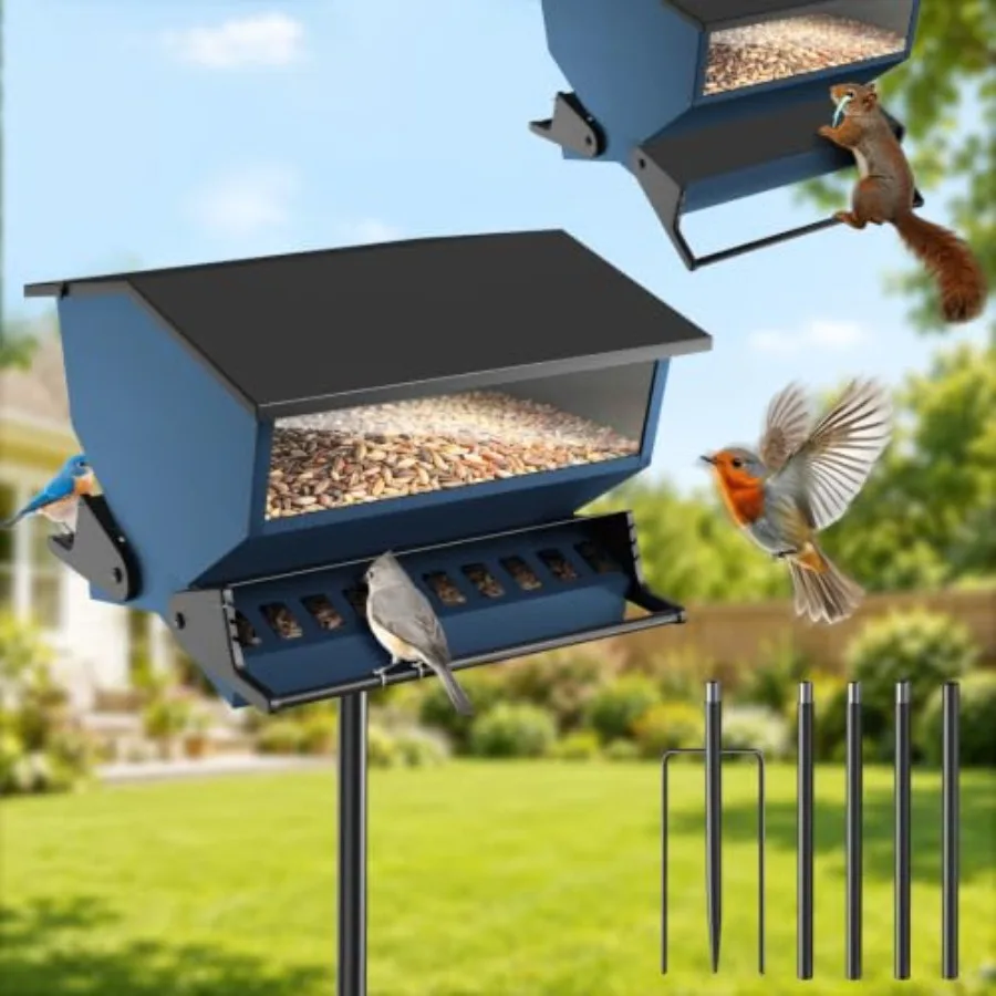 Outdoor metal squirrel-proof bird feeder with pole set, silver finish, 7 LB capacity for durable backyard use