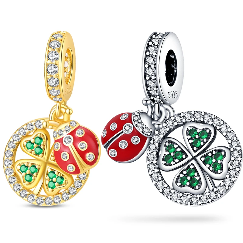 Hot Sales 925 Sterling Silver Golden Ladybug Green Leaf Charms Pendant For Original Bracelet DIY Women Birthday Jewelry Gifts