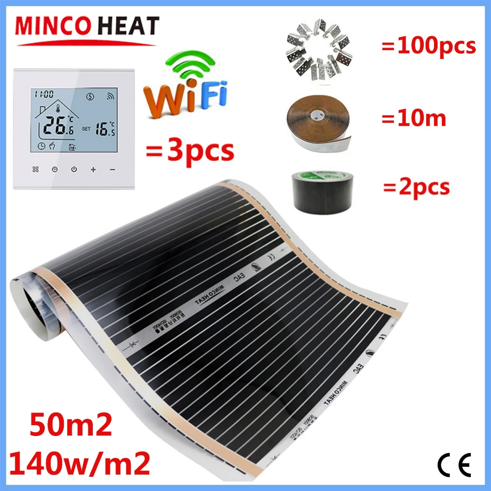 50m2/lot 140w/m2 Infrared Warm Floor Heating Mat AC220V Carbon Electric Film Kits with Accessories