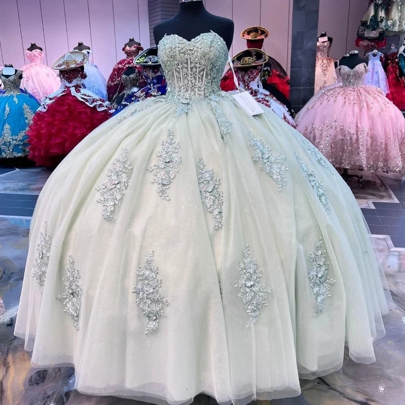 

Sage Green Shiny Quinceanera Dresses Ball Gown Sweetheart Applique Beads Tulle Floral Puffy Mexican Sweet 16 Dresses 15 Anos