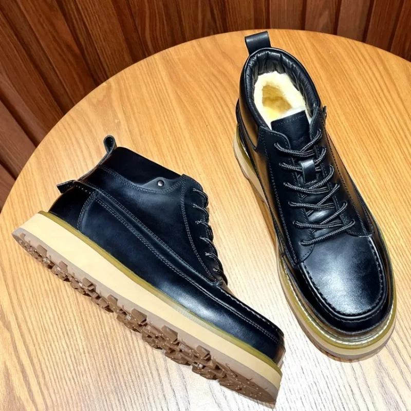 Vintage Patchwork Genuine Leather Winter Work Boots Men's Shoes Wool Fur Lace‑Up Thick Platform Non‑Slip Warm Ankle Snow Boots