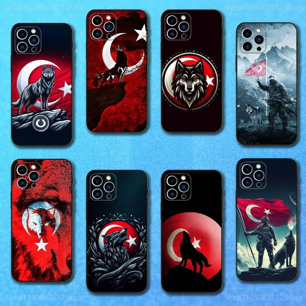 

Turkey Flag Art Turk Wolf Phone Case For iPhone 16,15,14,13,12,11 Plus,Pro Max,XS,X,XR,SE,Mini,8,7,Soft Silicone Black Cover