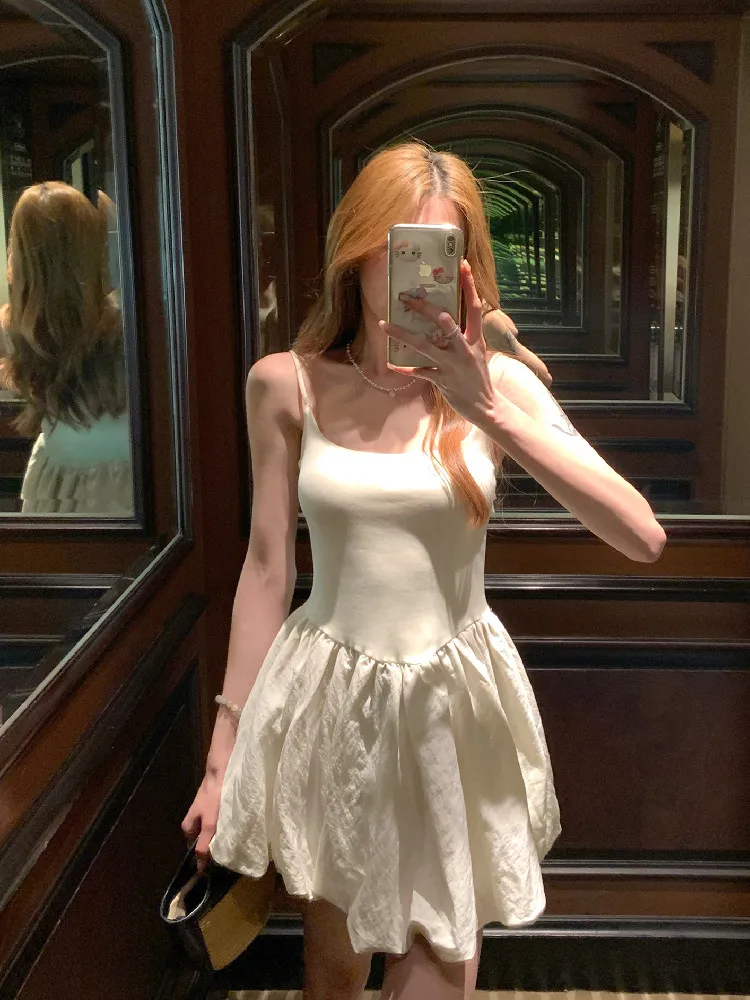 ผู้หญิงฤดูร้อน Party Suspender Bubble Dress Lady Ruched มินิเดรสหญิงคลาสสิกชุดวันเกิด