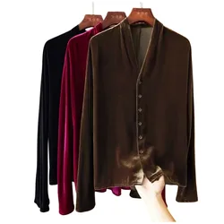 2024 Spring Autumn Golden Velvet Long Sleeve Plus size V-neck Button Cardigan Women Vintage Elegant Blouse Fashion velour Shirt