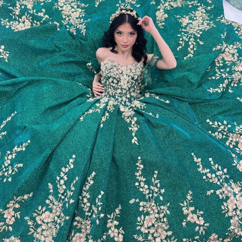 EVLAST Mexico Emerald Green Shiny Quinceanera Dress Gold Floral Applique Lace Beading Corset Sweet 16 Vestidos De 15 Años TQD050