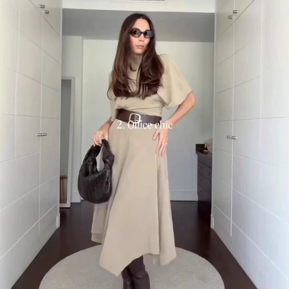 Mock Neck Batwing Sleeve Waist Cinching Top Mid-waist Irregular Hem Drage Skirt Fashion Temperament Women's Two-piece Set