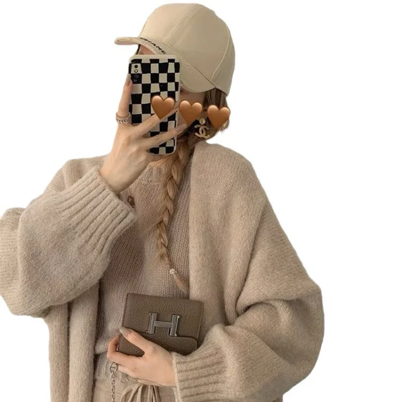 سترة محبوكة بنمط كاجوال متعددة الاستخدامات النسخة الكورية سترة صوفية لطيفة متوسطة الطول للنساء