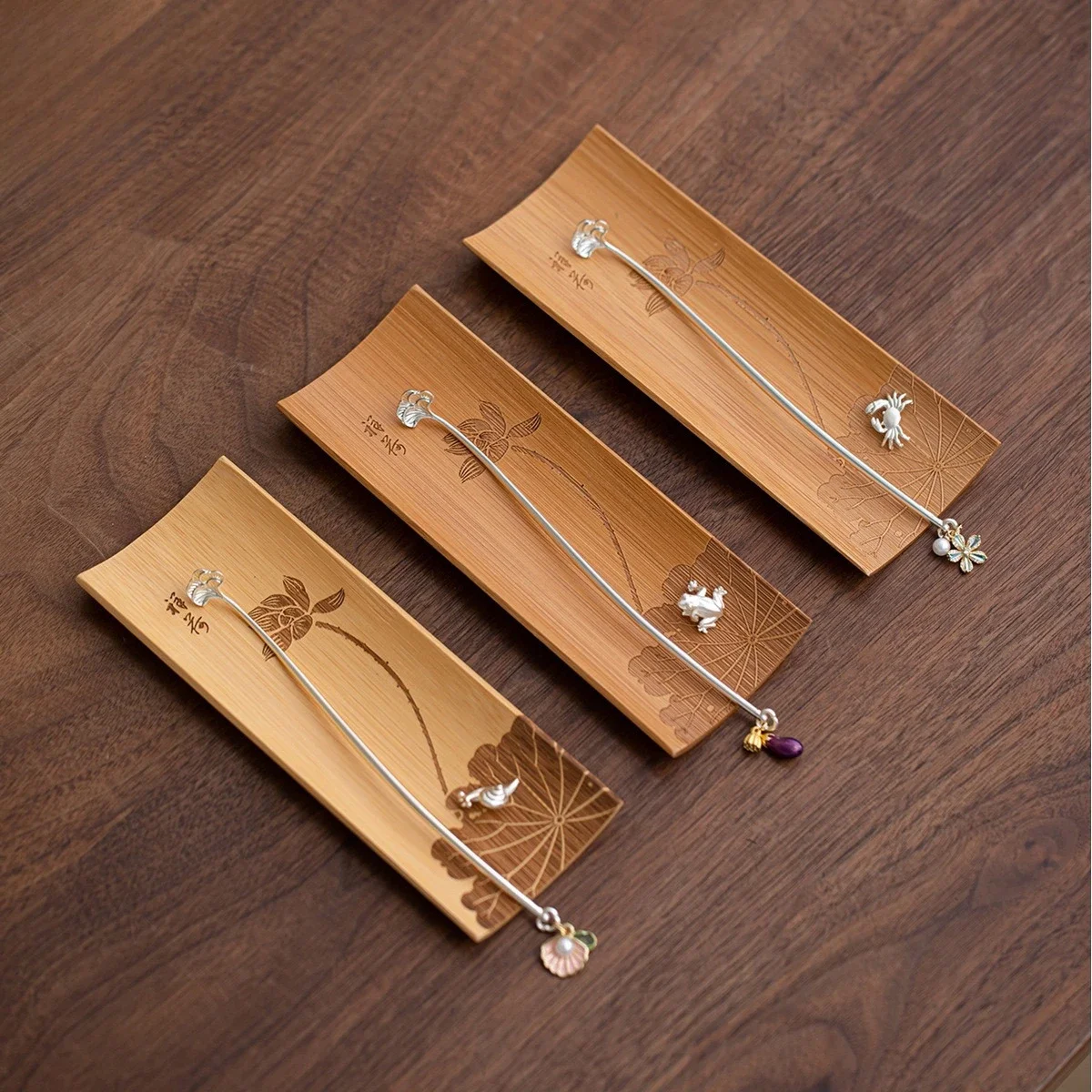 Bamboo Tea Appreciation Two-piece Set Lotus Leaf Natural Bamboo TeaDial Tea Leaf Holder Silver Teaspoon KungFu TeaSet Accessorie