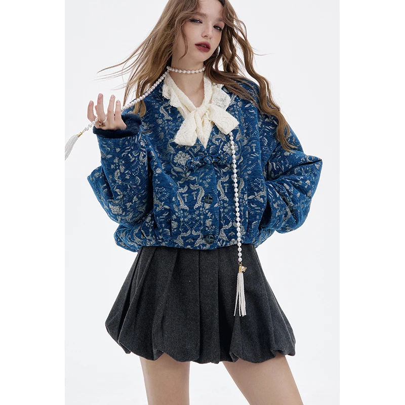 ELFSACK Women's Retro Gothic Winter Coat 2025, Loose V-Neck Short Plush Coat with Blue Silver Embroidery Vintage Patterns - Image 2