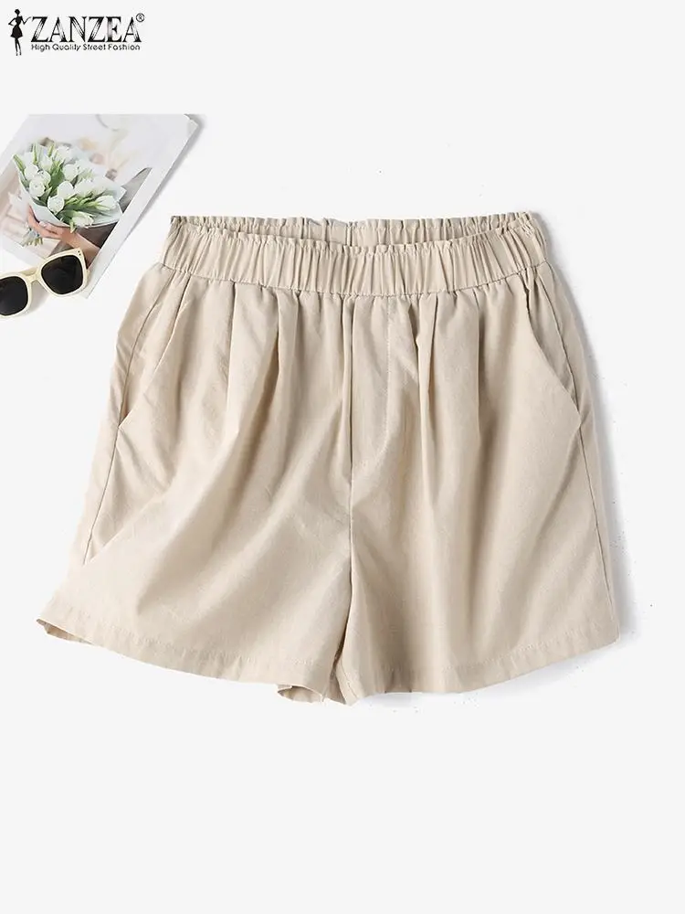 ZANZEA 2024 Summer Everyday Cotton Shorts Elastic Waist Holiday Women Loose Shorts Solid Color Leisure Casual Elegant Short Pant