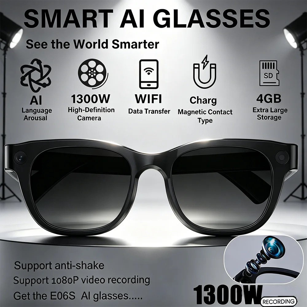 

1300W HD Lens AI Smart Glasses 1080P Anti-Shake Video Recording Bluetooth Calling Music Playback & Real-Time Translation Func