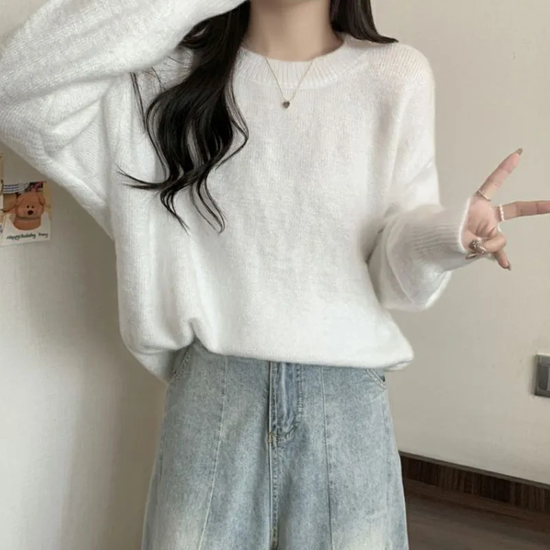 Casual White Knitted Sweaters Women Autumn Basic Long Sleeve O-neck Sweater Woman Chic Striped Solid Color Turtlneck Pullovers