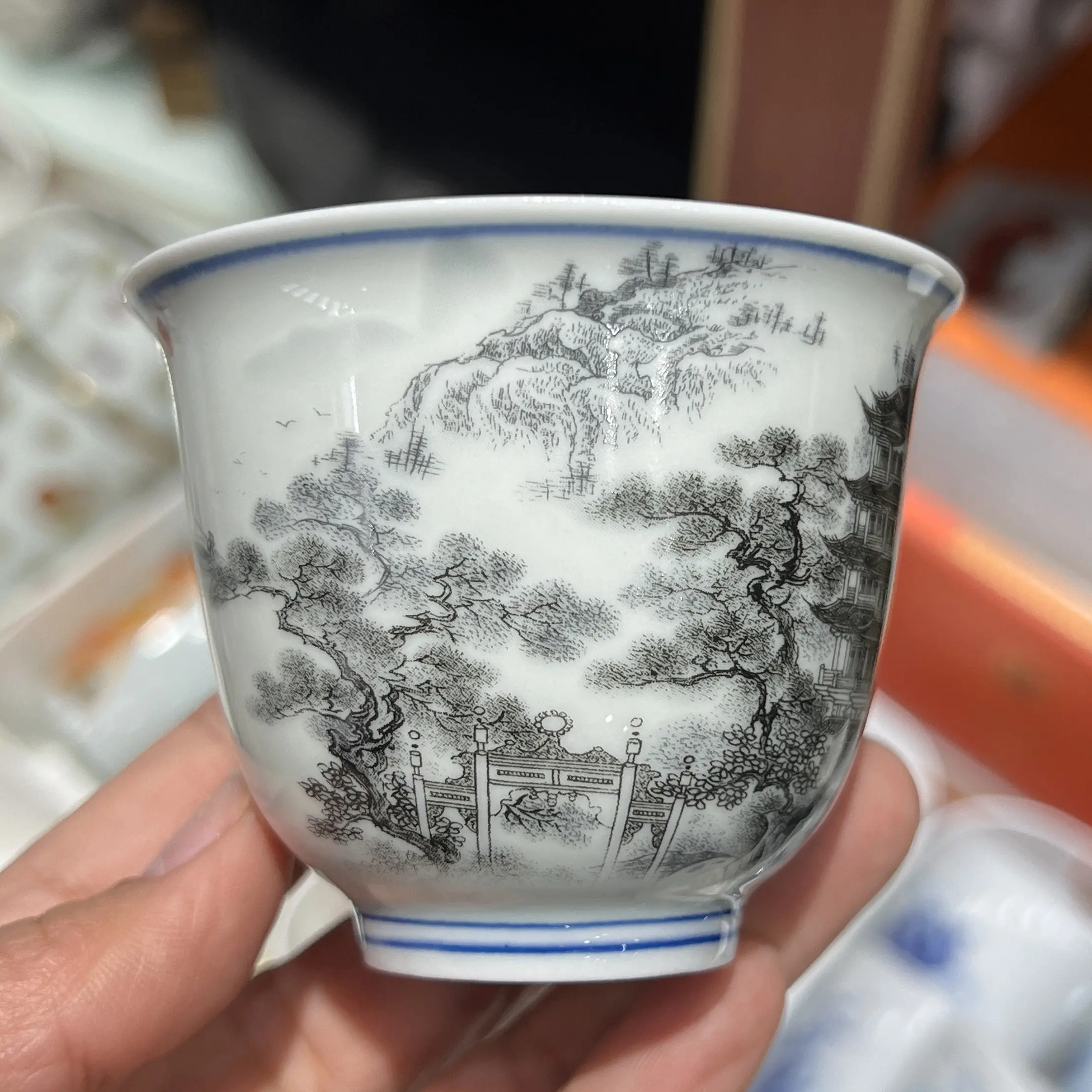 Jingdezhen Ink Painting Four Famous Buildings Antique Mud Cup Single Cup Set Tea Drinking Cup Chinese Style Tea Tasting Cup