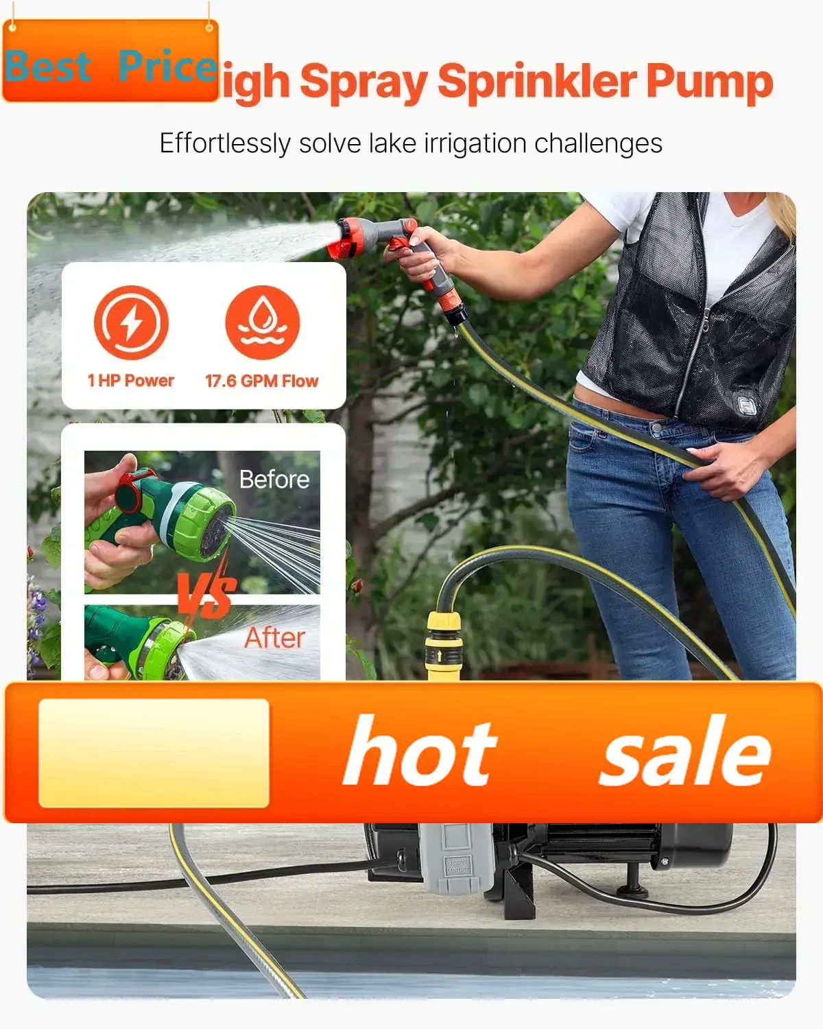 

hot-selling115V Lightweight Well Jet Pump, 1 HP, 17.6 GPM, Max 164ft Head, 20-40 PSI, Cast Iron Irrigation System