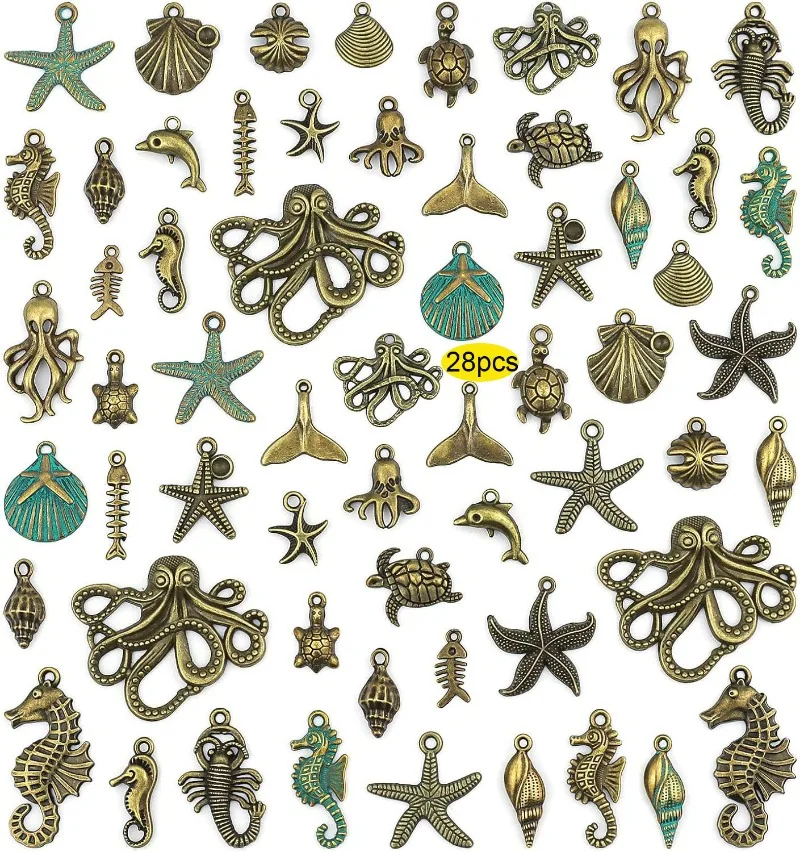 28 Pcs Assorted Antique Ocean Themed Charms Bronze Ocean Fish Sea Creatures Beads Pendants for Jewelry Making and Craft Making