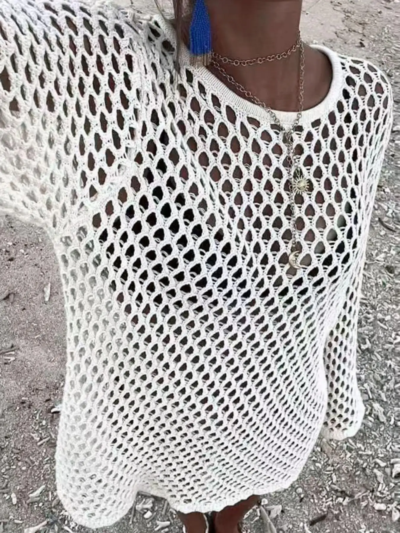 Strand-Stil Durchbrochenes Bikini-Cover-Up, Rundhals-Strickkleid mit Langen Ärmeln, Schlichtes Design, Perfekt für den Sommerurlaub – Detail 9