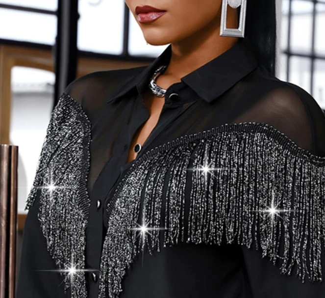 Women's New Hot Selling Fashion 2023 Spot V-Neck Tassel Sparkling Women's Temperament Commuter Shirt