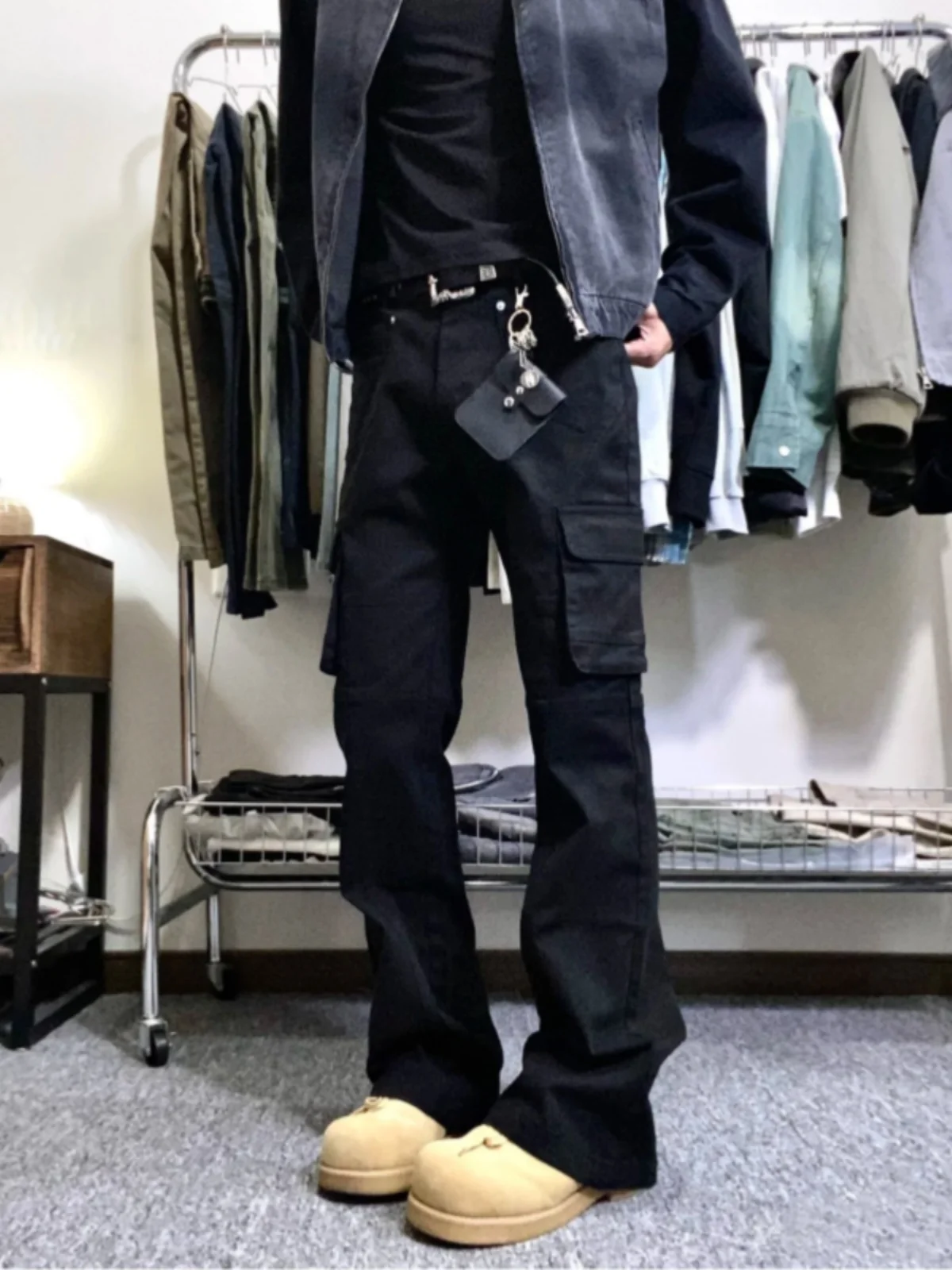 

Casual American High Street Men's Autumn Winter Loose Straight Leg Slimming Bell Bottom Jeans Workwear Pants Black