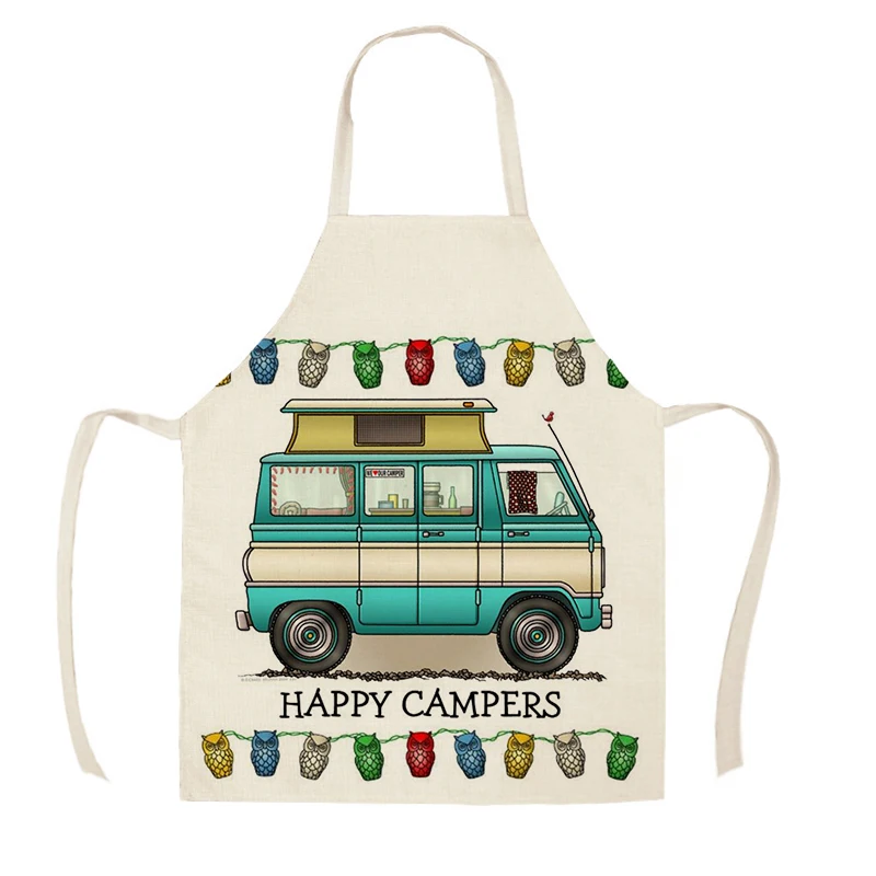 Kitchen Apron Sketch Happy Camping RV Camper Car Printed Home Clean Cooking accessories Anti-fouling Sleeveless Bib