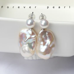 Baroque 15-25mm Natural Freshwater Shaped Pearl Retro Irregular Double Beaded Earrings Temperament Premium Women's Jewelry Gift