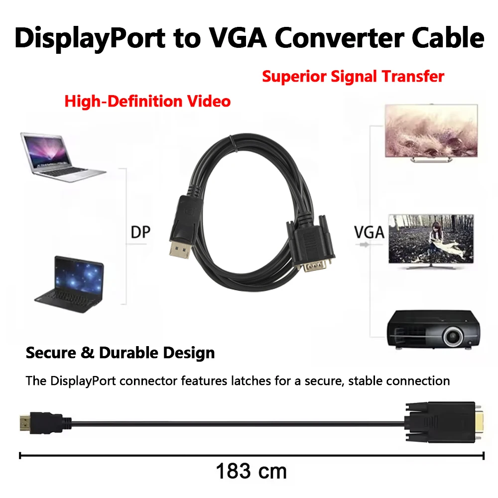 

4K 1080P DP to VGA Adapter Cable DisplayPort Male to VGA Male Cord 1.8M Video Converter Connector for Computer Graphics Card Pro
