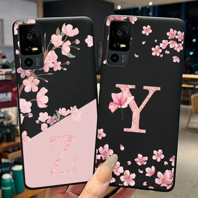 Funda negra para Sharp Aquos V6 5G/Sharp Aquos V7 Plus, carcasa para teléfono con letras iniciales de flores, funda protectora trasera de silicona suave