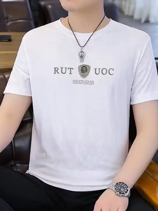 

Loose Fit Ice Silk round Ne ort Sve T-irt for Men Faionable High End White Large Size Casual Cotton Tee irt