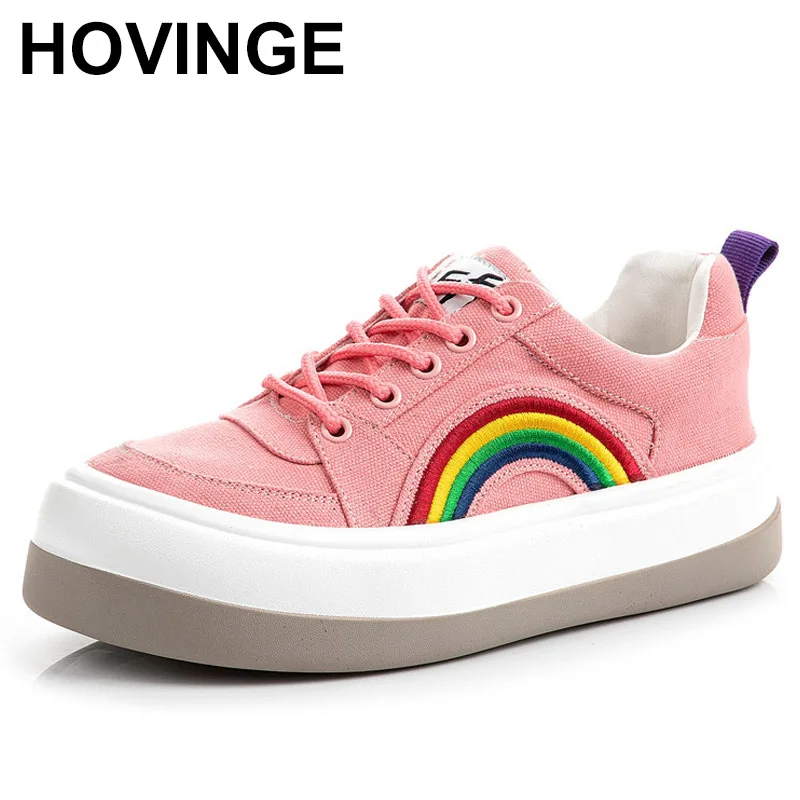 

2025 Fashion Rainbow Harajuku Platform Canvas Shoes Women Style Mixed Colors Height Increasing Sneakers Female Leisure Shoes