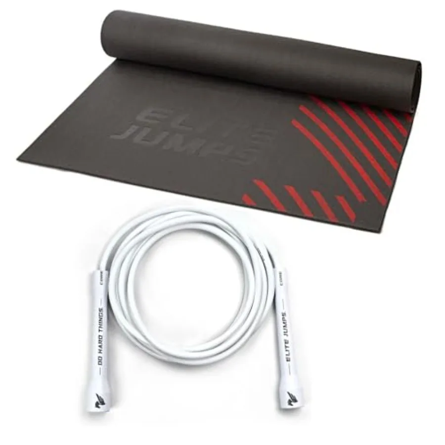 

Fitness jump rope for indoor/outdoor use 6mm PVC material black adjustable length with unbreakable handles and non-slip mat