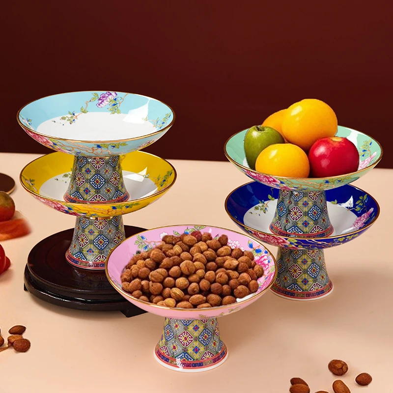 Jingdezhen Ceramic Tea Dish Household Enamel Color Chinese High Foot Inventory Heart Dish Dried Fruit Snack Dish