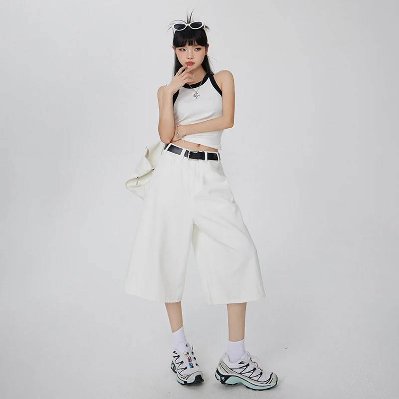 SummerWhite Denim Shorts Women Fashion High Waisted Wash Cropped Baggy Wide Leg Shorts Pants