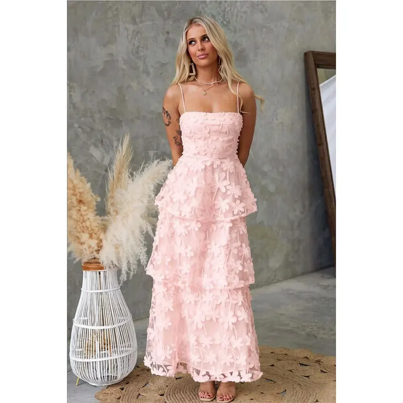 Elegant Embroidered Floral Layered Dress Summer Spring Casual Maxi Dresses Women Bohemian Sundress