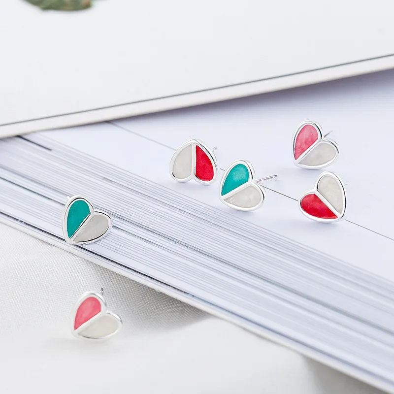 

New 925 Sterling Silver Pink Green Heart Stud Earrings For Women Piercing Wedding Luxury Elegant Jewelry Jewellery 2024 Trend