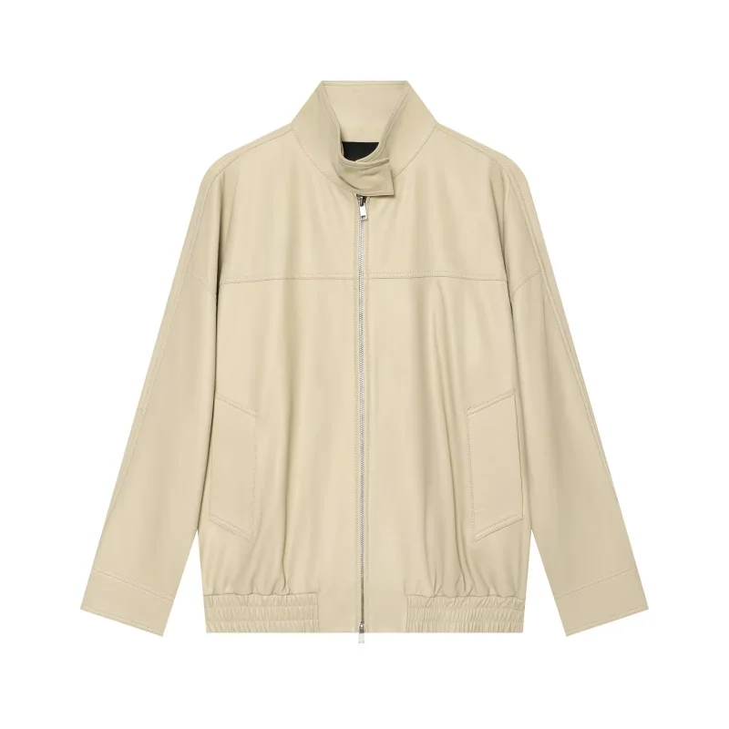 2026 Women's Faux Leather Bomber Jacket Stand Collar Zip Up Oversized Casual PU Leather Jacket Minimalist Jacket Coat