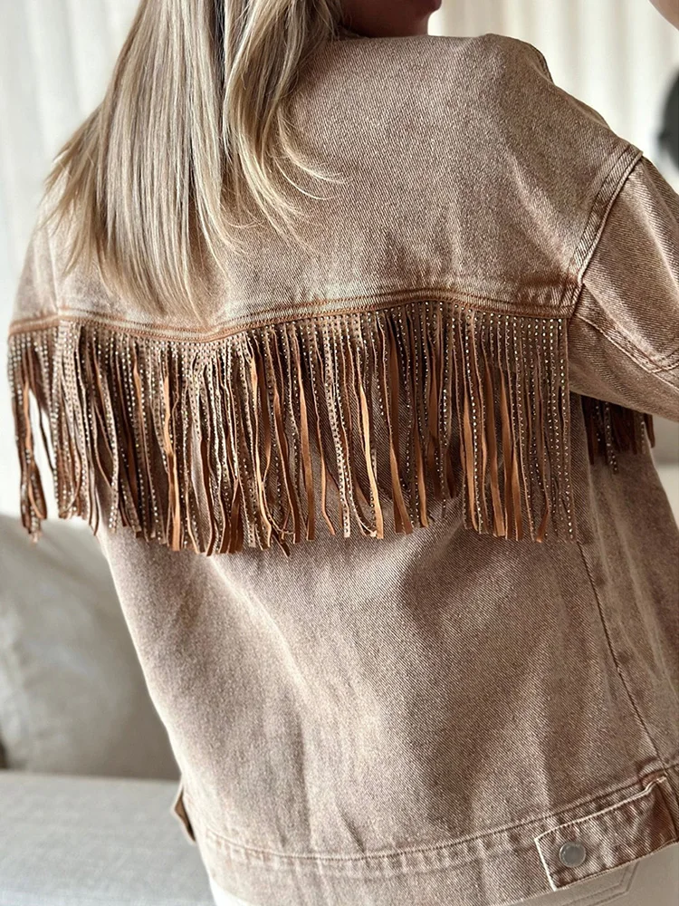 Gypsylady Stylish Retro Denim Women Jacket Autumn Winter Tassels Long Sleeve Cotton Khaki Brown Ladies Biker Jackets Chaquetas