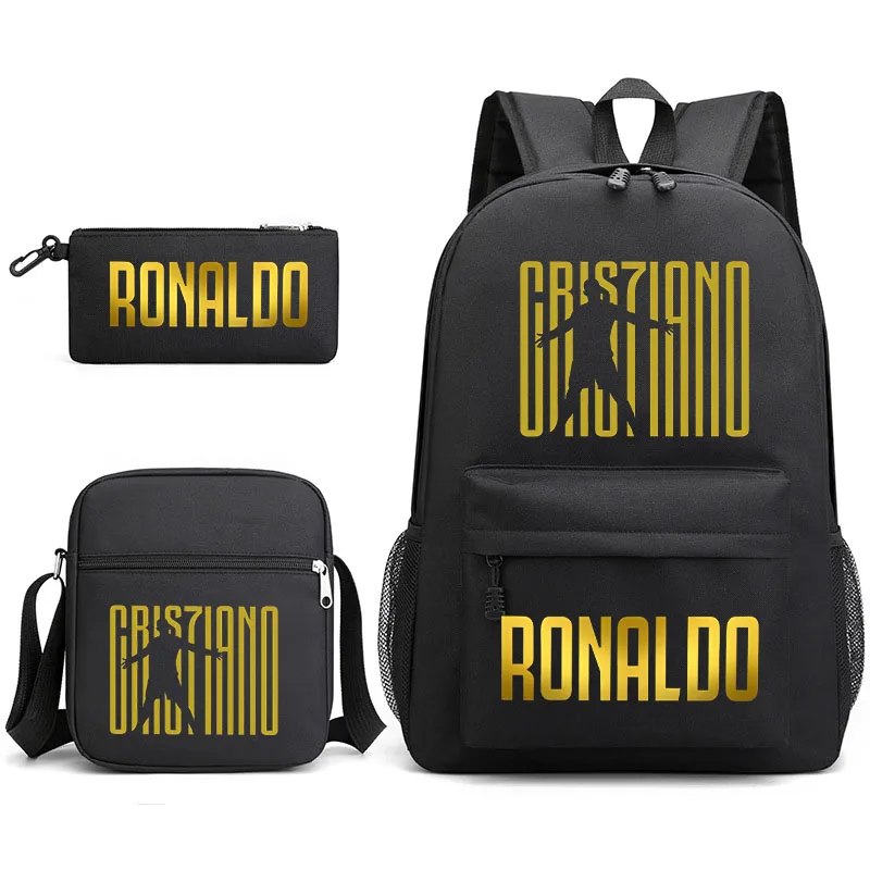 Conjunto de tres piezas de mochila escolar con estampado de Ronaldo para niños, mochila para estudiantes, bolso de viaje al aire libre, bolso de hombro, estuche para lápices