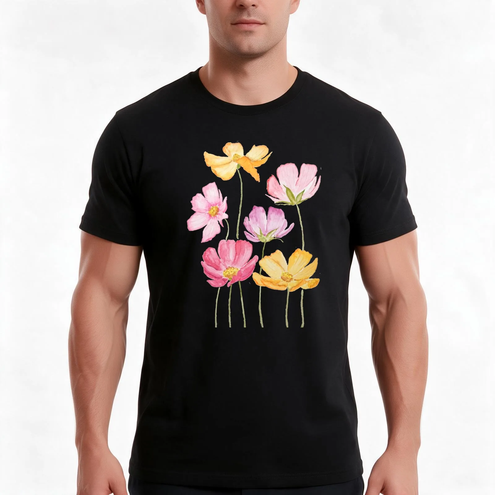 colorful cosmos flowers T-Shirt, Summer Casual Cotton Tee, Oversized Streetwear Tops, Vintage Graphic Print, Unisex Men Women