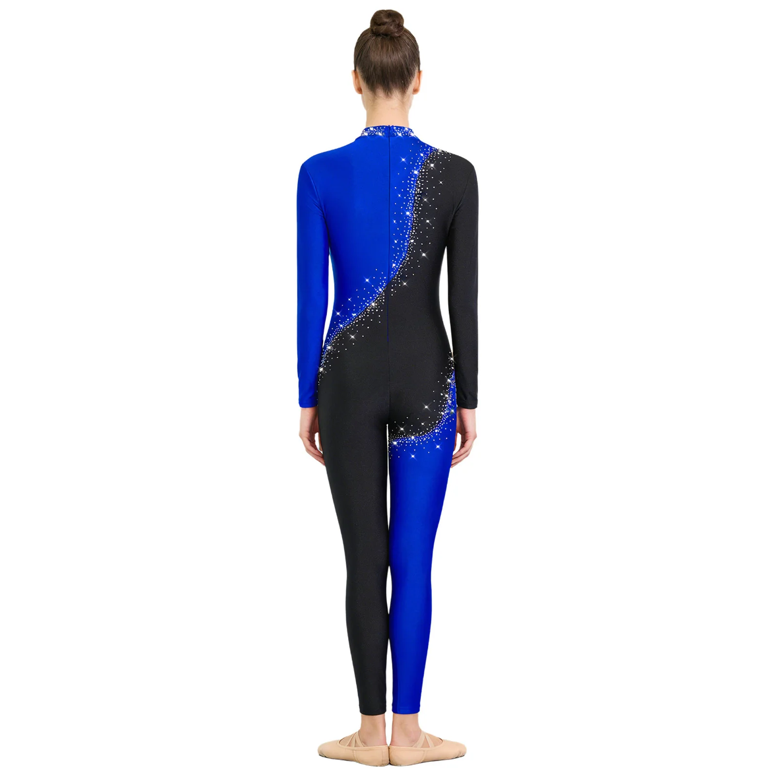 

Womens Gymnastics Ballet Dance Clothes Rhinestone Unitard Long Sleeve Full Body Jumpsuit Elegant Figure Skating Dance Costume